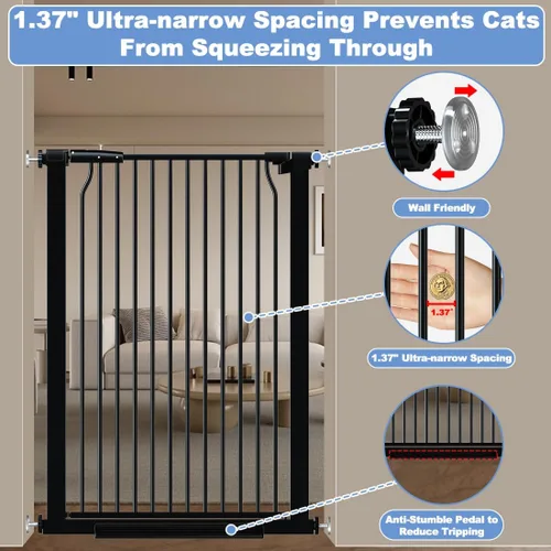 Miniatura 2 de Puerta de bebé extra alta de 40.55" para escaleras - 40.6"-54.7" de ancho 1.37" de espaciado ultra estrecho Puerta extra ancha para gatos y perros