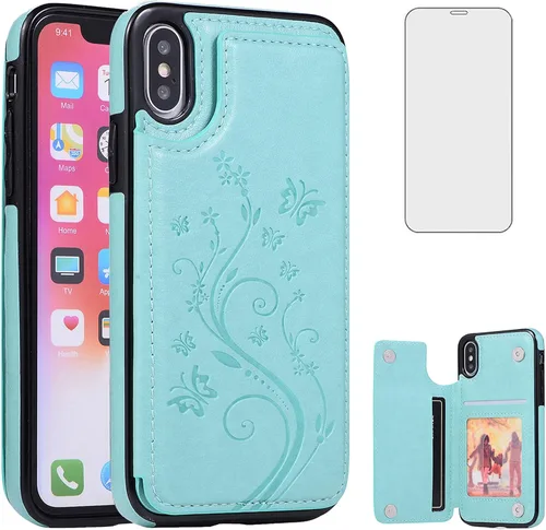 Miniatura 12 de Funda de teléfono para iPhone Xs X 10 10s con protector de pantalla de vidrio templado, tarjetero con soporte para tarjetero, funda de cuero