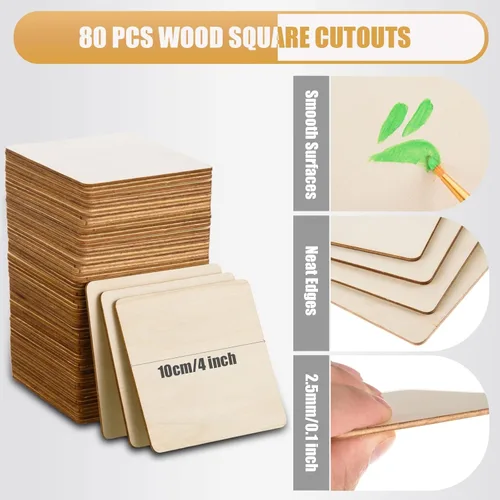 Miniatura 2 de FOBSME 80 cuadrados de madera sin terminar, recortes cuadrados de madera natural de 4 x 4 pulgadas para manualidades, pintura, grabado, decoración