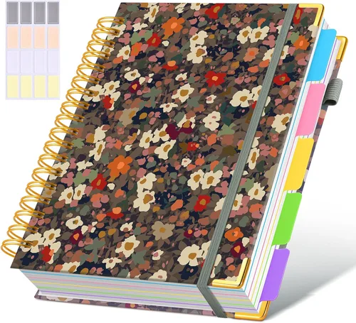 Miniatura 40 de Cuaderno universitario de espiral con tapa dura de cuero de 8 x 10 pulgadas, con pestañas separadoras extraíbles, para 5 materias, a rayas; diario
