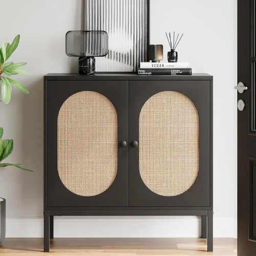 Miniatura 3 de IDEALHOUSE Gabinete de buffet, armario de almacenamiento de ratán con puertas y estantes, aparador de armario, armario de consola de madera