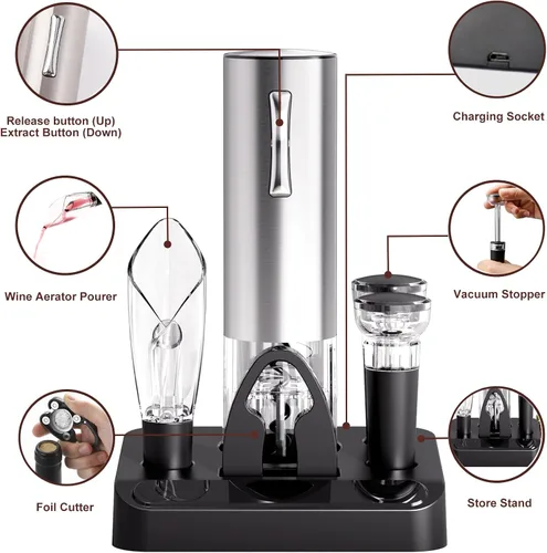 Miniatura 2 de COKUNST Juego de abridor de vino eléctrico con soporte, sacacorchos con carga USB, abrebotellas inalámbrico recargable de un clic con vertedor
