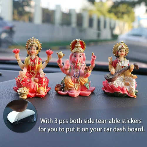 Miniatura 2 de alikiki Estatua hindú de Laxmi Ganesh Saraswati – 2.5 pulgadas de alto India Dios Lakshmi Ganesha figura para decoración de tablero de automóvil