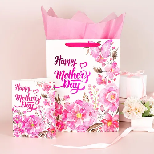 Miniatura 5 de LeZakaa Bolsa de regalo para el día de la madre, letras del día de la madre, diseño floral rosa, mariposa y papel de aluminio rosa, bolsa de regalo
