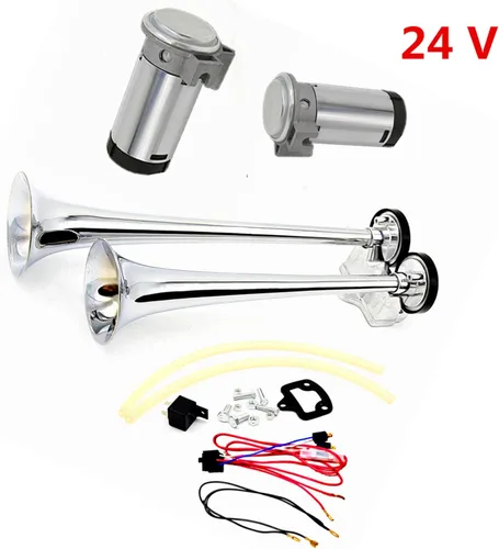 Miniatura 2 de Bocina de aire del coche 165DB tono alto y bajo 24 V doble tubo trompeta camión plata cromo zinc auto con dos bombas de compresor para barco