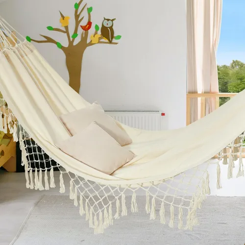 Miniatura 6 de JoyView Hamaca individual de macramé bohemia con cuerdas para colgar y elegantes borlas, hamaca portátil de algodón de 78.8 x 39.4 pulgadas