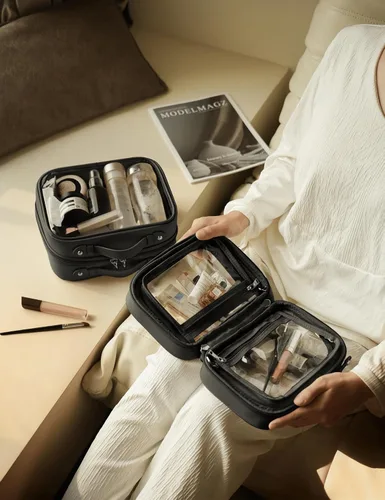Miniatura 5 de Bolsa de Cosméticos Transparente de Doble Capa Bolsa de Artículos de Tocador de Viaje Estuche de Maquillaje Transparente con 4 Compartimentos, Bolsa