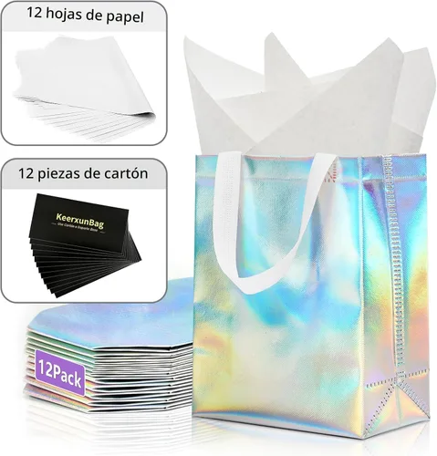 Miniatura 4 de KeerxunBag 12 piezas de bolsas de regalo reutilizables (incluye papel de seda) Bolsa de regalo con asa para cumpleaños, fiestas, días festivos