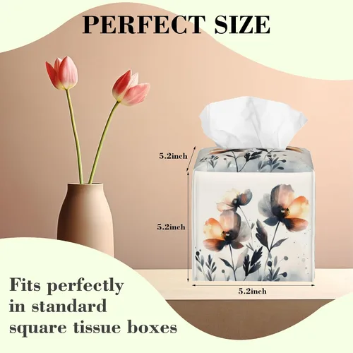 Miniatura 2 de Caja de pañuelos con diseño floral de amapola marrón con acuarela, diseño de flores abstractas de cuero, soporte decorativo para caja de papel