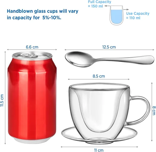 Miniatura 2 de Taza de café expreso glastal de 5oz de vidrio de doble pared, tazas de café con mango, juego de 2 tazas con platillo en forma de corazón, tazas