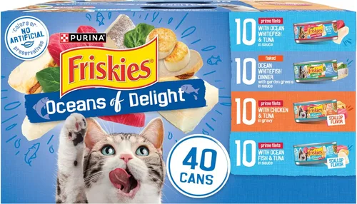 Purina Friskies - Paquete variado de alimentos húmedos para gatos, Oceans of Delight en copos y filetes Prime (paquete de 40), latas de 5.5 onzas