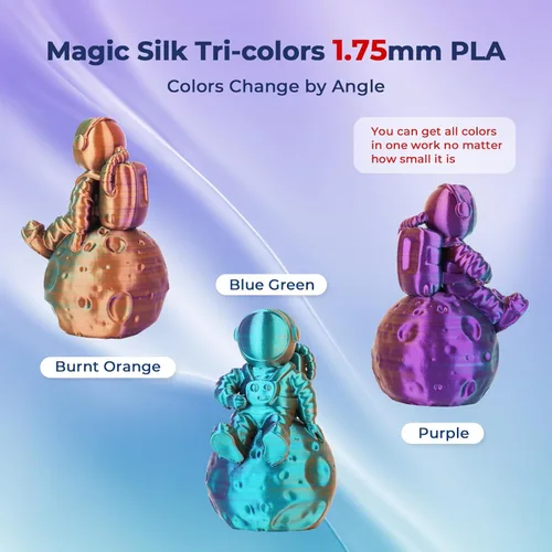 Miniatura 2 de AMOLEN - Filamento de impresora 3D de seda PLA, PLA tricolor púrpura/verde azul/naranja quemado de 0.069 pulgadas, filamento brillante de cambio