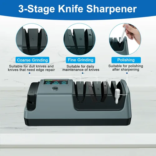 Miniatura 4 de Afilador de cuchillos eléctrico 5 en 1 para cuchillos de cocina, afilador de 3 etapas con 100% abrasivo de diamante, pantalla LCD, velocidad