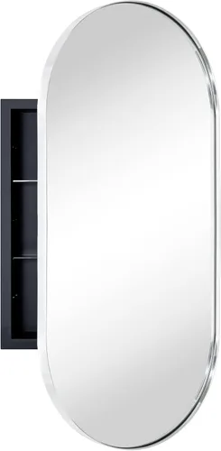 Miniatura 11 de Botiquín de baño empotrado ovalado de oro cepillado con espejo de acero inoxidable con marco de metal oblongo, en forma de píldora, gabinete de baño