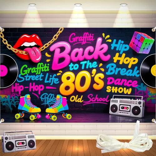 Fondo de Back to The 80 de 6 x 4 pies con cinta de 19.69 pies | Cartel temático retro de los años 80 con ojales y doble costura para decoraciones de