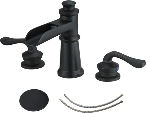 BWE Grifo de baño generalizado de 3 agujeros, color negro mate con montaje de drenaje desplegable y manguera de suministro, cascada negra, de dos