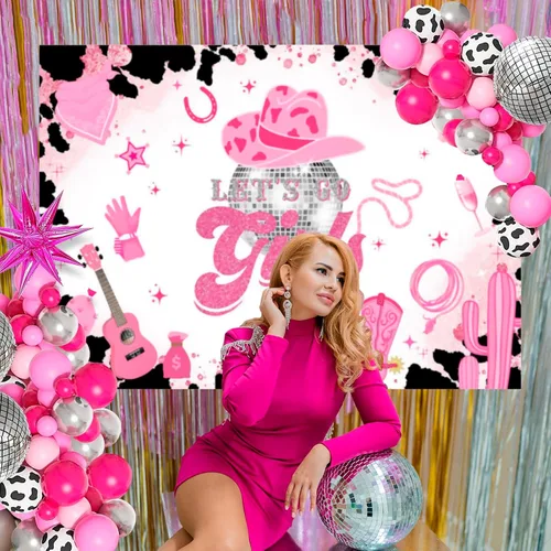 Miniatura 5 de Mocsicka Telón de fondo de disco de vaquera rosa con texto en inglés "Let's Go Girls", pancarta de cumpleaños para despedida de soltera, fin