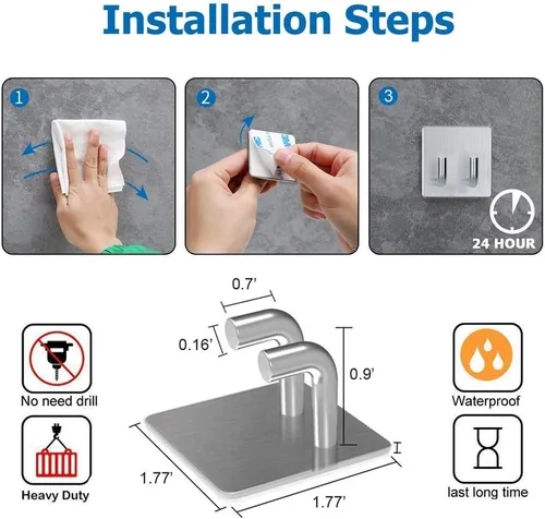 Miniatura 6 de Ganchos adhesivos, gancho de acero inoxidable para toallas de baño, colgador de pared resistente, impermeable, antideslizante, doble gancho