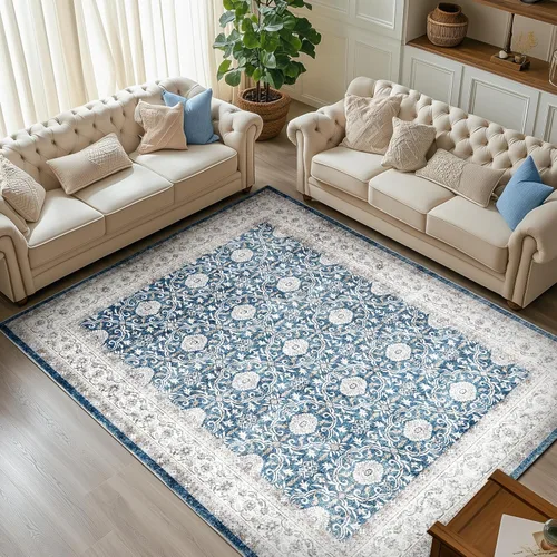 Miniatura 29 de Jinchan Fiora - Alfombra redonda de 8 pies, alfombras vintage con diseño floral envejecido, lavable a máquina, antideslizante, de pelo bajo, Azul