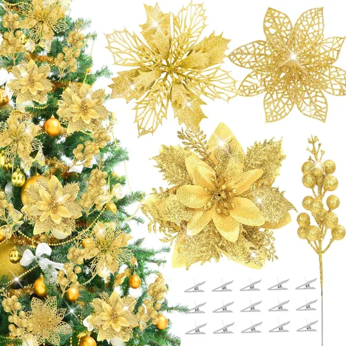 Kit de 36 piezas de adornos de tallos de flores de nochebuena con purpurina y bayas, 24 piezas de flores artificiales con clips y 12 piezas de púas