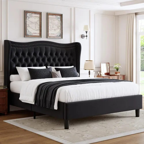 Miniatura 10 de Marco de Cama Queen con Cabecero y Piecero Altos, Marco de Cama Plataforma Tapizada en Terciopelo con Respaldo Acolchado con Botones Profundos Tipo