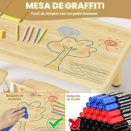 Miniatura 4 de Set de mesa y 4 sillas para niños Brelley, juego de mesa y sillas ajustables en altura para niños pequeños, escritorio con diseño de grafiti, patas