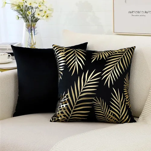 Miniatura 7 de OTOSTAR Paquete de 4 fundas de almohada de terciopelo suave con hojas doradas, fundas de almohada decorativas modernas, fundas de almohada B-black