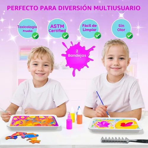 Miniatura 2 de MOMUSE Kit de arte de pintura de mármol para niños con bandejas dobles, toxicología pasada, kit de pintura de mármol de agua dorado metálico, kits