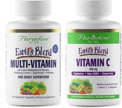 Paradise Herbs – Paquete de mezcla de la tierra – Superfood Multivitamínico sin hierro 60 unidades + vitamina C 90 unidades – Ayuda a mantener la