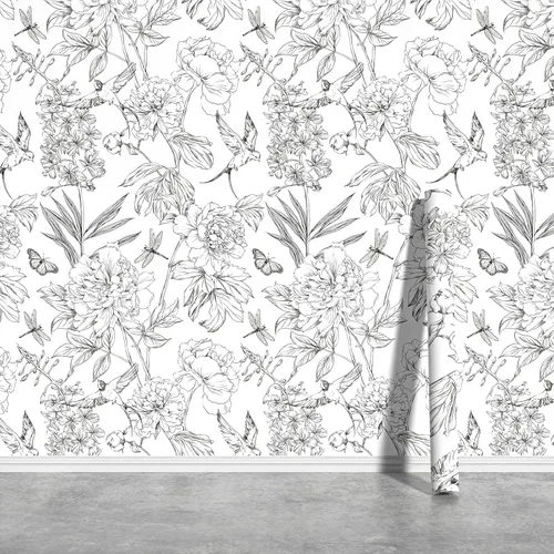 Miniatura 11 de JiffDiff Papel tapiz floral en blanco y negro con peonías removibles para despegar y pegar, papel de pared con diseño de flores esbozado