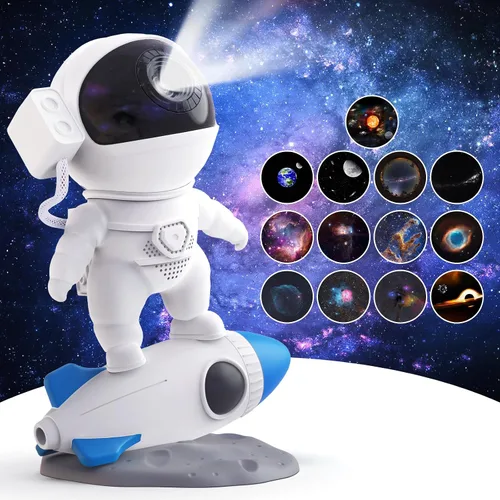 Proyector de estrellas 4K HD, luz de galaxia, proyector de astronauta para dormitorio, 13 discos de película cielo, cohete brillante colorido y 2