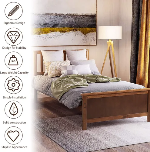 Miniatura 4 de P PURLOVE Base de cama individual de madera con cabecero, estribo y soporte de listones de madera, nogal Nogal/Con Plataforma