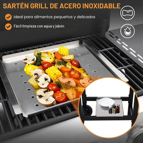Miniatura 3 de Parrilla de gas propano con mesas laterales plegables, parrilla de gas de 3 quemadores con rejillas de hierro fundido y parrilla de acero