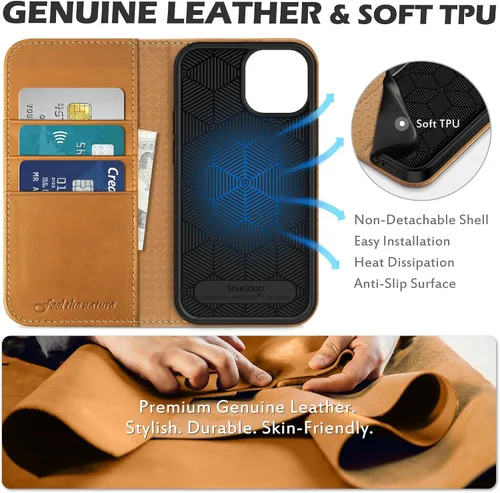 Miniatura 8 de SHIELDON Funda para iPhone 13 Mini 5G, cartera de piel auténtica, cierre magnético, ranuras para tarjetas, función atril, protección completa, Marrón