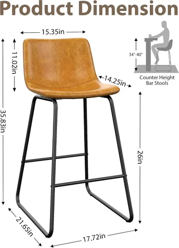 Miniatura 3 de Juego de 2 taburetes de bar, modernos taburetes de bar de altura de mostrador con respaldo, taburetes de bar de piel sintética de 26 pulgadas