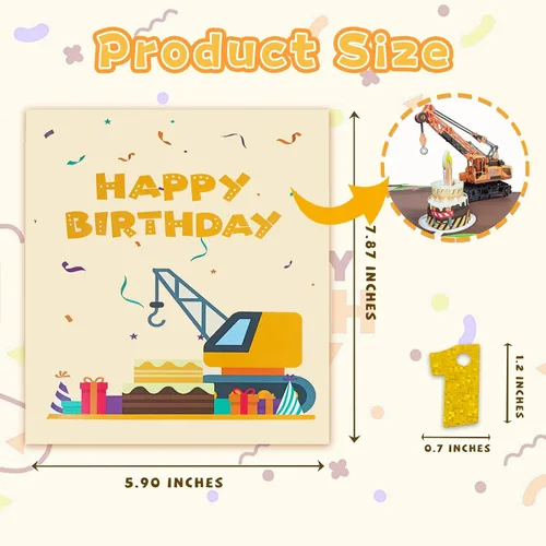 Miniatura 6 de Tarjeta de Felicitación 3D Desplegable de 1er Cumpleaños con Luz y Música, Tarjeta de Grúa y Camión Para Niño, Sobrino, Nieto, Hijo, Pequeño