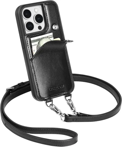 Miniatura 13 de LUCKYCOIN Funda tipo cartera cruzada para iPhone 14 Pro, funda de piel auténtica con protección contra caídas para mujer, con tarjetero expandible