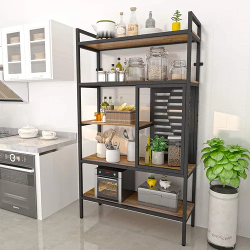 Miniatura 5 de Weehom Estantería industrial ajustable de 5 niveles, estantería de madera moderna con marco de metal estable, estantes de almacenamiento abiertos