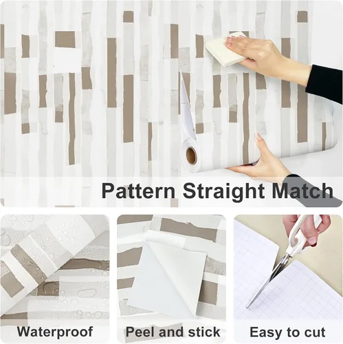 Miniatura 6 de Papel tapiz geométrico, color beige, marrón y blanco, papel tapiz para despegar y pegar, papel de contacto con rayas geométricas, papel de pared