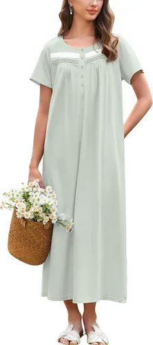 Miniatura 13 de Ekouaer Camisón para Mujeres de Algodón Camisón Largo de Noche Camisón de Manga Corta con Bolsillos Camisón con Botones Ropa de Dormir Suave