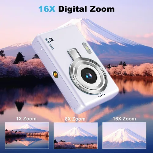 Miniatura 3 de Cámara digital, enfoque automático UHD 4K 50MP cámara de vlogging para fotografía con tarjeta SD de 32 GB, zoom 16X, antivibración, cámaras Púrpura