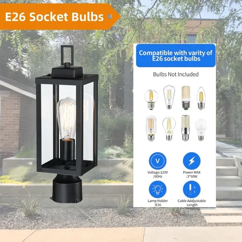 Miniatura 3 de WISBEAM Luz de poste para exteriores, linterna de poste, base E26 de 60 W máximo, carcasa de metal más vidrio, calificación ETL, bombillas