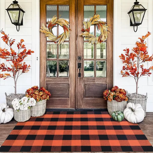 Alfombra a Cuadros Naranja y Negra, 3 x 5 Pies, Alfombra Decorativa de Otoño para Puerta Delantera al Aire Libre, Alfombra de Algodón Lavable Tejida