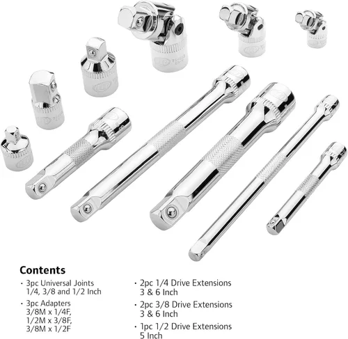 Miniatura 2 de Ingersoll Rand - Juego de accesorios de 11 piezas, acero al cromo vanadio, incluye juntas en U, adaptadores y extensiones en unidad de 1/4", 3/8