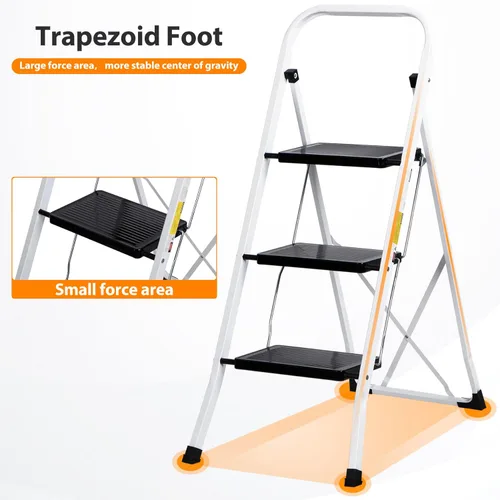 Miniatura 7 de ZENY Taburete plegable de escalera de 3 escalones con pedal antideslizante ancho, mango conveniente, taburete de acero portátil, escalera de acero