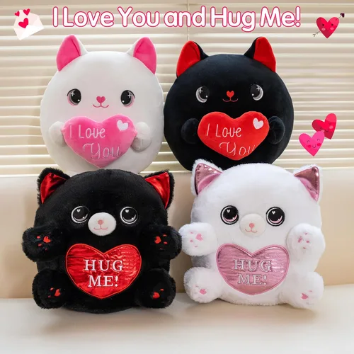 Miniatura 5 de Finebee Peluche de gato negro con corazón con texto "I Love You", peluche de San Valentín con corazón rojo para el día de la madre, recuerdo