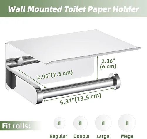 Miniatura 8 de APLusee Soporte de papel higiénico con estante para teléfono, cromo pulido, accesorios de baño de acero inoxidable SUS 304, dispensador de rollos