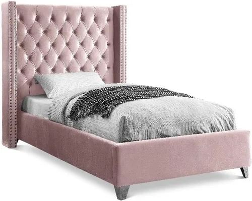 Miniatura 28 de Meridian Furniture – Cama con respaldo de terciopelo abotonado, Aiden-Q-Aiden, con recortes cromados con forma de cabezal de clavos y patas Gris