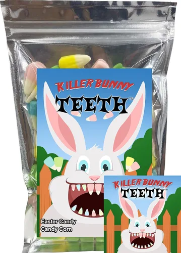 Killer Bunny Dientes Pastel Candy Corn divertido y único cesta de Pascua, regalo de broma para cumpleaños, niñas, niños y adolescentes (7 onzas)