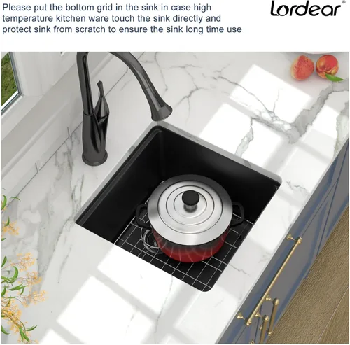 Miniatura 8 de Lordear Fregadero de Bar Empotrado de Granito Compuesto de 18 Pulgadas 18"x18" Fregaderos de Cocina de Cuarzo Compuesto Negro de Un Solo Tazón Bajo